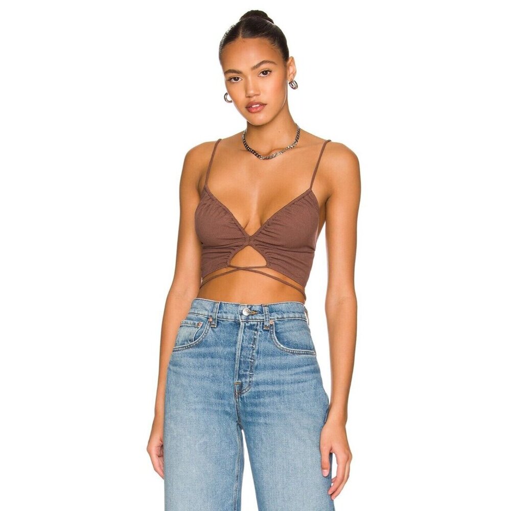 SUPERDOWN Daliah Brown Ribbed Jersey Ruched Cropped Cami Wrap Tank Top, Size S